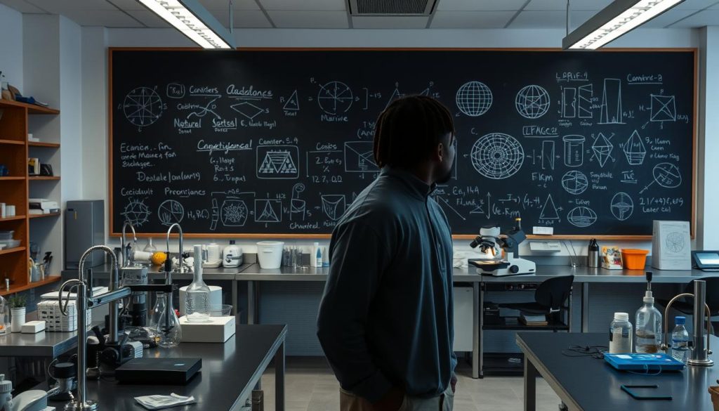 A scientific laboratory interior, with various scientific instruments and tools arranged on sleek metal workbenches. In the background, a large chalkboard displays complex mathematical equations and diagrams related to marine biology and ecology. Overhead, the lighting is soft and diffused, creating a contemplative atmosphere. In the foreground, a researcher stands, studying a specimen under a high-powered microscope, their face obscured in shadow. The scene conveys a sense of focused inquiry and rigorous investigation into the natural world.