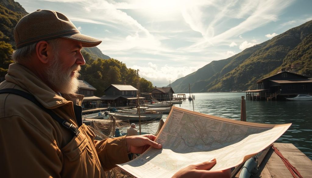 A seaside fishing village nestled among verdant hills, with traditional wooden cabins and docks lining the calm, shimmering waters. Weathered fishermen prepare their nets and tackle, their sun-weathered faces reflecting years of experience. In the foreground, a traveler examines a map, carefully considering various fishing tour options, weighing the merits of each destination. Warm, golden light filters through wispy clouds, creating a serene, contemplative atmosphere as the traveler ponders the perfect fishing adventure.