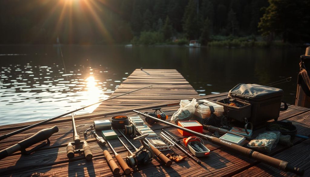 A secluded lakeside setting, the early morning sun casting a warm glow. In the foreground, an assortment of fishing gear neatly arranged - rods, reels, tackle boxes, and bait. The middle ground reveals a weathered wooden dock, its planks reflecting the water's surface. In the background, a lush, forested shoreline frames the scene, hinting at the tranquil solitude of the fishing spot. The overall atmosphere conveys a sense of peaceful preparation, as the angler meticulously readies their equipment for a day of contemplative angling.