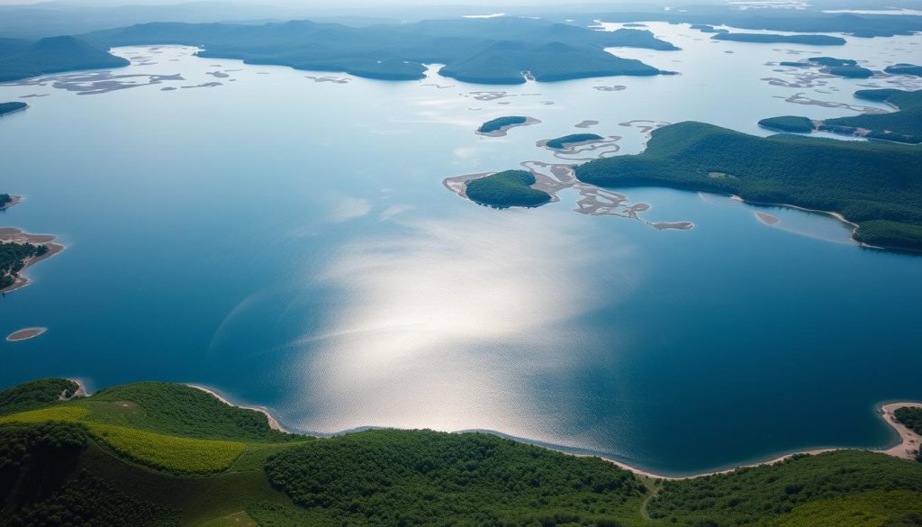 A serene aerial view of the Kyiv Reservoir in Ukraine, its vast expanse of sparkling blue waters surrounded by gently rolling hills and lush greenery. The reservoir's intricate network of inlets, bays, and tributaries are clearly visible, offering a detailed glimpse into its complex hydrological characteristics. Soft, diffused lighting casts a warm, natural glow over the scene, highlighting the reservoir's tranquil beauty and the delicate balance of its ecosystem. The composition captures the scale and grandeur of this important water body, showcasing its role as a vital natural resource and ecological hub within the region.
