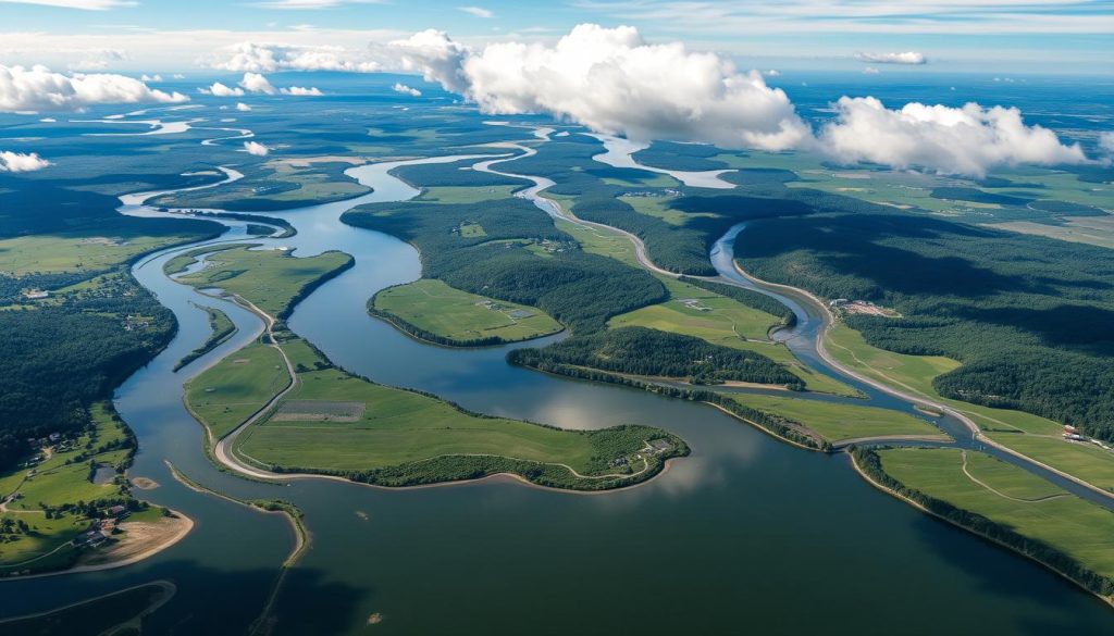 A serene aerial view of the winding course of the Southern Bug River, its meandering waters reflecting the surrounding lush green banks and rolling hills. The river flows gracefully through the picturesque Ukrainian countryside, its hydrology sculpted by centuries of natural forces. Wispy clouds cast gentle shadows upon the scene, illuminating the intricate network of tributaries and oxbow lakes that characterize the river's dynamic hydrography. The perspective captures the river's sinuous path in striking detail, inviting the viewer to appreciate the beauty and ecological significance of this vital waterway.