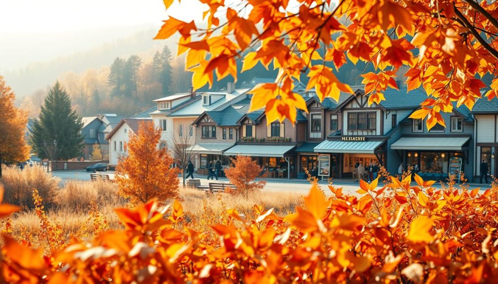 A serene autumnal landscape with a vibrant foreground showcasing the advantages of seasonal marketing. Warm hues of orange, red, and gold leaves gently sway in the breeze, creating a cozy, inviting atmosphere. In the middle ground, a group of flourishing businesses, each representing a different industry, thrive amidst the changing seasons. The background features a picturesque town with quaint shops and cafes, all adorned with seasonal decorations. Soft, diffused lighting illuminates the scene, casting a golden glow that emphasizes the harmony between nature and commerce. The composition draws the viewer's eye through the layers, highlighting the synergy between seasonal trends and successful marketing strategies.
