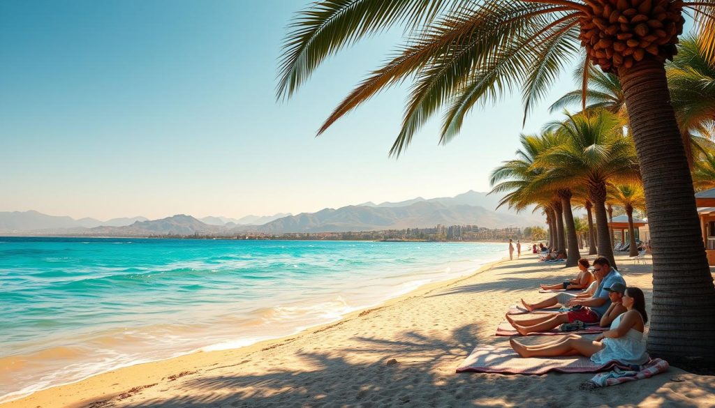 A serene beach scene with azure waters gently lapping against the golden shore. In the foreground, sun-kissed beachgoers recline on plush towels, enjoying the warmth of the day. The middle ground features swaying palm trees that cast gentle shadows, creating a tranquil atmosphere. In the background, a breathtaking panorama of rolling hills and distant mountains completes the picturesque landscape. The scene is bathed in soft, warm lighting, captured through the lens of a wide-angle camera that emphasizes the vastness and beauty of the seaside retreat. An idyllic, calming setting that evokes the essence of a restful, rejuvenating vacation by the sea.