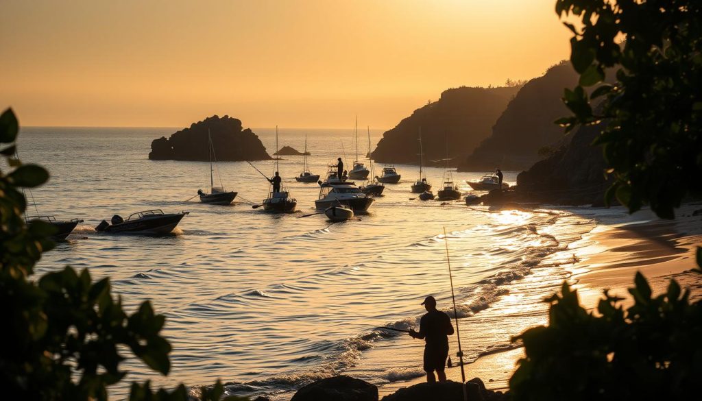 A serene Black Sea coastline with rocky cliffs and sandy beaches, framed by lush green foliage. In the foreground, a group of experienced anglers cast their lines into the gently lapping waves, their silhouettes illuminated by the warm glow of the setting sun. The middle ground features a variety of fishing boats, their hulls reflecting the golden light. In the background, a misty horizon hints at the boundless expanse of the sea, inviting the viewer to imagine the thrilling catches that await the patient and skilled fishermen. The overall atmosphere is one of tranquility, adventure, and the timeless allure of the sea.