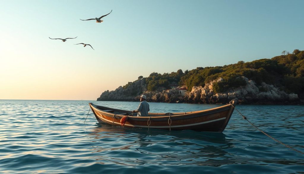 A serene Black Sea fishing scene, with a small traditional wooden boat anchored on the calm azure waters. In the foreground, a fisherman casts a line, focused on his task, while seabirds circle overhead. The middle ground reveals a rocky coastline, dotted with lush green vegetation. In the distance, the horizon is painted with hues of orange and pink, as the sun sets over the tranquil seascape. Soft natural lighting bathes the entire scene, creating a sense of peace and relaxation. The overall mood is one of adventure and the simple pleasures of seaside living.