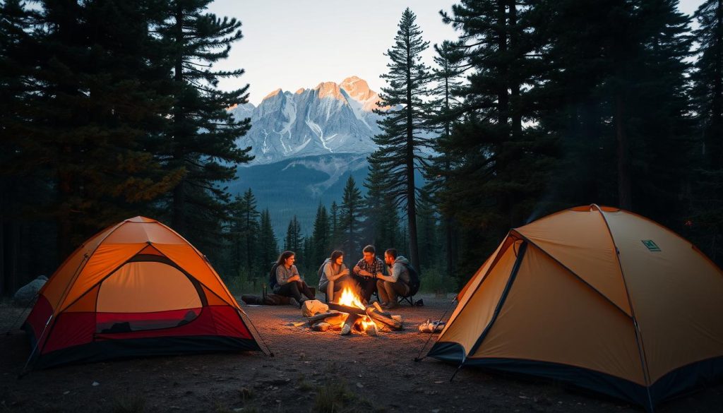A serene campsite nestled amidst towering pine trees, with a cozy tent set up in the foreground. In the middle ground, a group of hikers gathered around a crackling fire, exchanging stories and roasting marshmallows. The background features a majestic mountain range, bathed in the warm glow of the setting sun. The scene exudes a sense of safety and camaraderie, with campers mindful of their surroundings and taking necessary precautions. Soft, diffused lighting illuminates the scene, creating a peaceful and inviting atmosphere. Subtle details like properly secured food storage, a first-aid kit, and safety signage reinforce the importance of responsible camping practices.