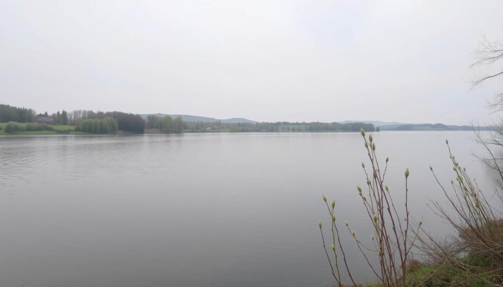 A serene early spring landscape in Ukraine, with a tranquil lake or river in the foreground. The waters are calm, reflecting the overcast sky above. Along the shoreline, lush vegetation and trees are just beginning to bud, hinting at the impending transition to warmer weather. In the distance, rolling hills or a gently undulating horizon line. The overall mood is one of quiet anticipation, as the viewer senses the imminent change of season and the upcoming fishing restrictions. The lighting is soft and diffused, creating a hazy, atmospheric effect. The camera angle is slightly elevated, providing a panoramic view of the scene.