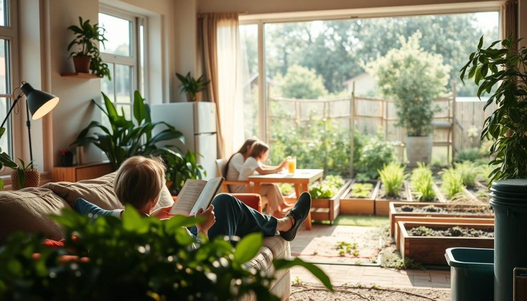 A serene eco-friendly household scene, bathed in warm natural light filtering through large windows. In the foreground, a person relaxes on a comfortable couch, reading a book. Surrounding them, lush indoor plants and energy-efficient appliances create a harmonious, sustainable living space. In the middle ground, a family gathers around a table, sharing a meal of locally-sourced, organic ingredients. The background features a well-tended garden, with raised beds and a compost bin, showcasing a self-sufficient, eco-conscious lifestyle. The overall atmosphere is one of tranquility, mindfulness, and a deep connection to the natural world.
