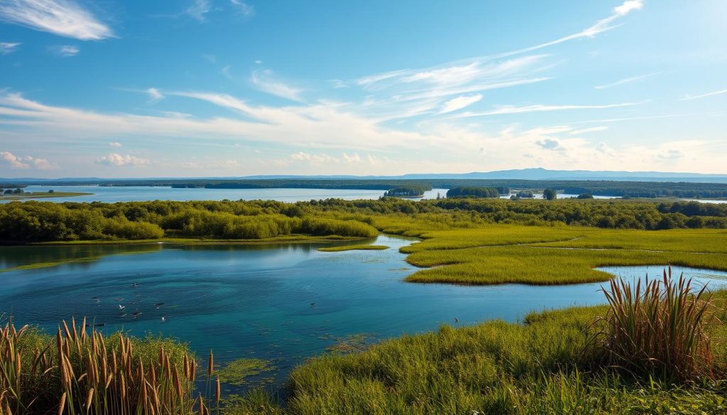 A serene expanse of the Kyiv Sea unfolds, its azure waters mirroring the lush, verdant shores. In the foreground, a diverse ecosystem thrives, with reeds and cattails gently swaying in the breeze. Schools of fish dart through the shallows, while waterfowl glide across the surface. The middle ground reveals a mosaic of dense forestry, home to a rich array of wildlife. Towering trees cast dappled shadows, creating a tranquil atmosphere. In the distance, rolling hills and distant mountains form the backdrop, bathed in warm, golden sunlight that filters through wispy clouds. This captivating scene captures the essence of the Kyiv Sea's vibrant and interconnected ecosystem.