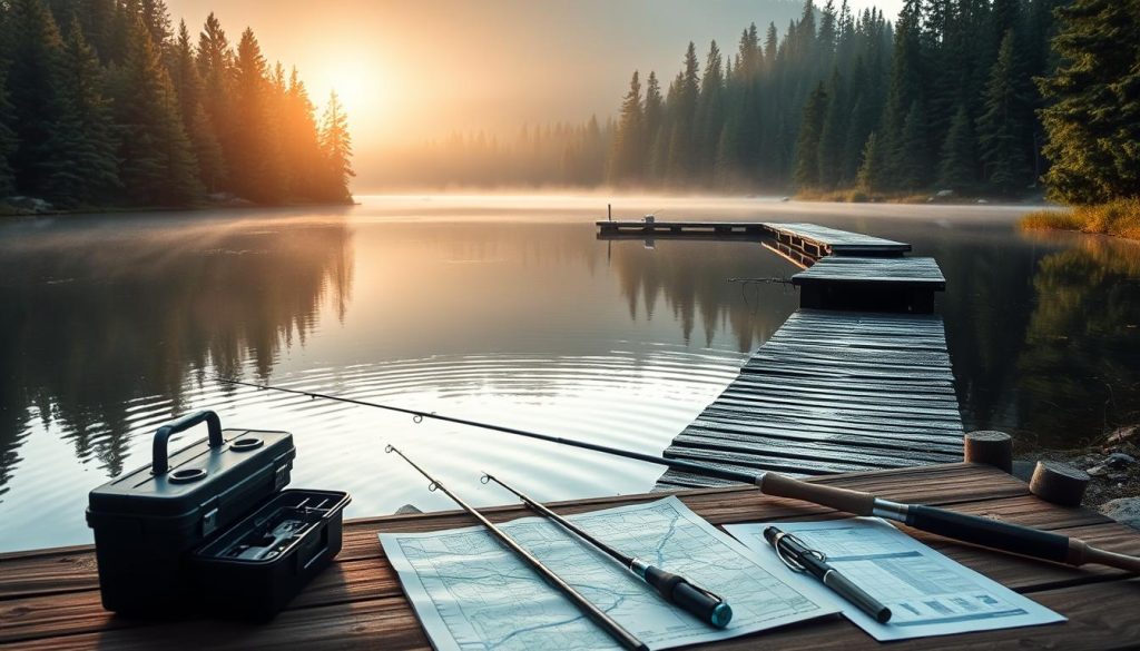 A serene fishing lake nestled among lush evergreen forests, with a rustic wooden pier extending into the still waters. In the foreground, a tackle box and fishing rods are carefully laid out, along with a map and notebook, signifying the meticulous preparation for an upcoming fishing tournament. The soft morning light filters through the trees, casting a warm glow across the scene, and a gentle breeze creates gentle ripples on the surface of the lake. The atmosphere exudes a sense of focus, determination, and the thrill of the impending competition.