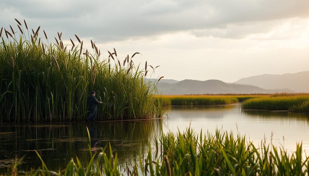 A serene fishing scene set in the lush, verdant marshlands. In the foreground, a fisherman quietly casts his line, his silhouette reflected in the still, glassy waters. Surrounding him, a dense thicket of tall, swaying reeds and cattails creates a natural, secluded enclosure. Soft, diffused natural lighting filters through the scene, casting a warm, golden glow and creating a sense of tranquility. The background gently slopes into the distance, revealing a picturesque landscape of rolling hills and a cloudy, atmospheric sky. The overall mood is one of peaceful solitude, inviting the viewer to immerse themselves in the tranquil, rustic charm of this idyllic fishing spot.