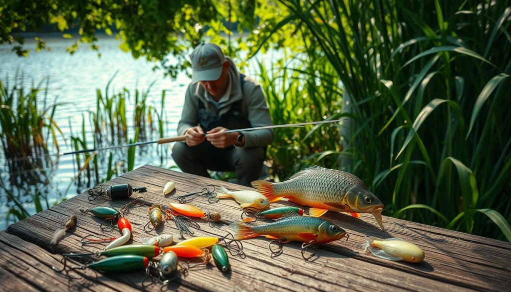 A serene fishing scene with a skilled angler meticulously preparing his tackle to catch a wary tench lurking in the thick, verdant undergrowth. The foreground features an assortment of specialized lures, hooks, and live bait carefully arranged on a weathered wooden surface. In the middle ground, the angler is kneeling, focusing intently as he ties delicate knots and checks the integrity of his line. The background reveals a tranquil, sun-dappled pond, its surface gently rippling, surrounded by a lush tapestry of reeds, rushes, and overhanging foliage that provide ample cover for the elusive tench. Soft, warm lighting filters through the canopy, creating a serene, contemplative atmosphere.