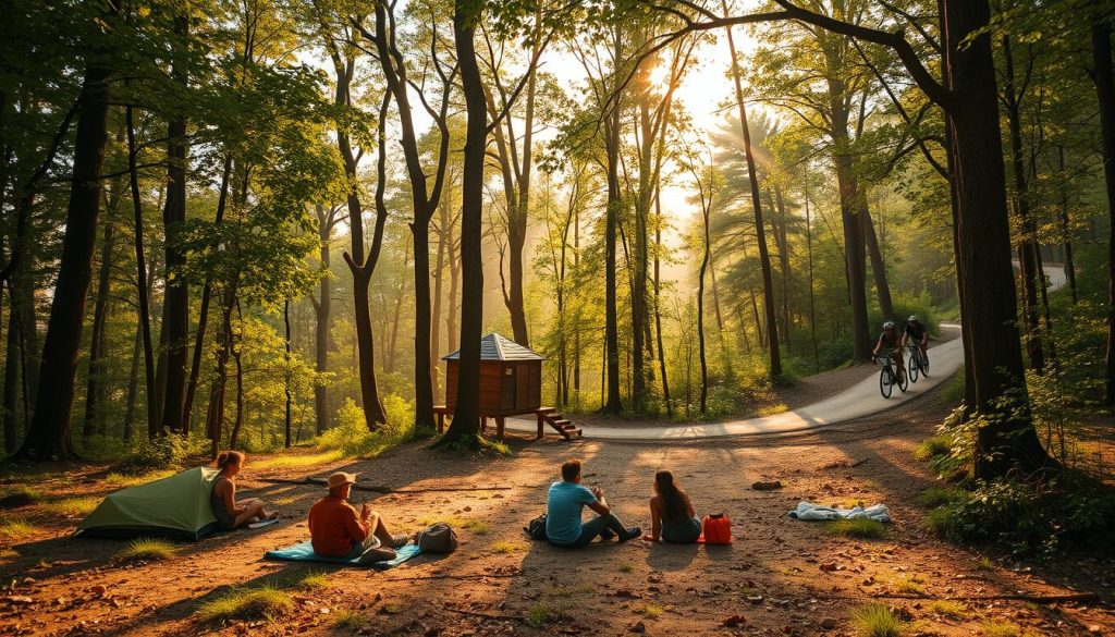 A serene forest clearing, bathed in soft golden light filtering through the lush canopy. In the foreground, a group of people rest peacefully on the ground, using eco-friendly camping gear. A simple, yet elegant treehouse-style shelter stands in the middle distance, blending seamlessly with the surrounding nature. In the background, a group of cyclists navigate a winding, unpaved trail, their bicycles powered by human energy. The scene exudes a sense of harmony and sustainability, capturing the essence of eco-friendly travel and outdoor living.