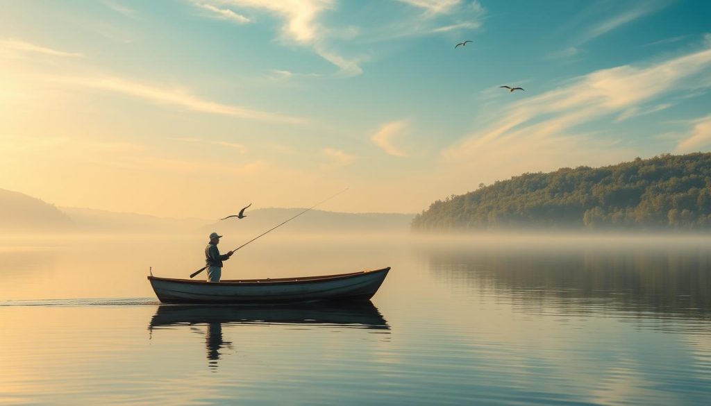 A serene freshwater fishing scene on a tranquil lake, with a lone angler casting their line from a small wooden boat. The water is calm and reflective, mirroring the surrounding lush, verdant shoreline. Soft, diffused sunlight filters through wispy clouds, casting a warm, golden glow over the peaceful landscape. The fisherman, dressed in classic outdoor attire, is intently focused on their task, their silhouette creating a sense of solitude and connection with the natural environment. In the distance, a few birds soar overhead, adding to the tranquil ambiance. The overall composition evokes a sense of relaxation, simplicity, and the timeless allure of freshwater fishing.