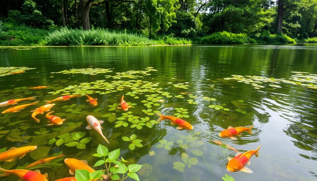 A serene freshwater lake surrounded by lush greenery. In the foreground, a school of vibrant koi fish gracefully swim amidst the underwater vegetation. The middle ground features a diverse array of aquatic plants, their delicate leaves swaying in the gentle current. In the background, towering trees line the shoreline, casting soft, dappled light onto the tranquil surface of the water. The scene conveys a harmonious balance between the aquatic ecosystem and its natural surroundings, highlighting the ecological importance of this freshwater habitat.