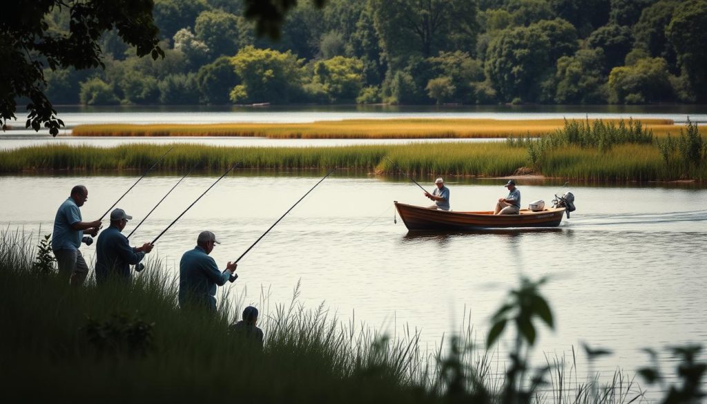 A serene lake surrounded by lush greenery, the shore dotted with anglers casting their lines and reels, while a small wooden boat glides across the calm waters, its occupants poised with their fishing rods, anticipating the next catch. The scene is bathed in soft, natural lighting, creating a peaceful and tranquil atmosphere, perfect for a novice angler to learn the art of shore and boat fishing. The composition captures the tranquility of the setting, with the foreground featuring the fishermen in action, the middle ground showcasing the boat and the lake, and the background framed by the verdant landscape.