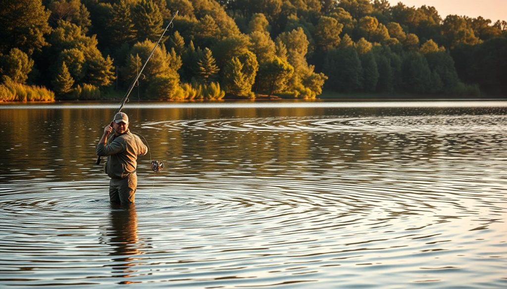 A serene lake surrounded by lush greenery, the surface gently rippled by a light breeze. In the foreground, an expert angler stands knee-deep in the water, casting a delicate line with precision. Behind them, a variety of fishing techniques are on display - from traditional hand-casting to advanced spinning rigs, each meticulously crafted for the ultimate in white amur catching success. The scene is bathed in warm, golden light, creating a sense of tranquility and focus as the fisherman's skills are put to the test. The overall atmosphere is one of calm concentration, inviting the viewer to immerse themselves in the art of this specialized technique.