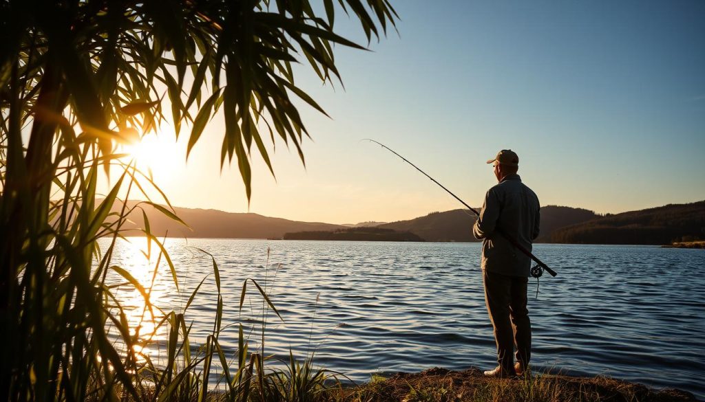 A serene lakeside in the Kherson region, Ukraine, with a fisherman silhouetted against the golden sunset. In the foreground, lush reeds sway gently, providing a natural ambiance. The middle ground showcases a calm, rippling surface, reflecting the surrounding verdant hills and a clear, azure sky. Warm, diffused lighting bathes the scene, creating a tranquil, almost ethereal atmosphere. The fisherman, equipped with a traditional rod, stands patiently, immersed in the peaceful rhythm of the moment, exemplifying the region's ecological harmony between man and nature.