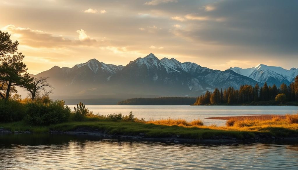 A serene lakeside landscape during different seasons, showcasing the seasonal variations in fishing conditions. In the foreground, a tranquil cove with still waters, ideal for catching peaceful fish species. The middle ground features a lush, verdant shoreline with overhanging trees, casting gentle shadows. In the background, a picturesque mountain range is bathed in warm, golden light during the summer, transitioning to a muted, moody palette as autumn arrives, eventually blanketed in a soft, snowy white during the winter. The scene captures the cyclical nature of fishing, with changing light, weather, and water conditions throughout the year, providing opportunities for both predatory and non-aggressive fish. Rendered in a realistic, photographic style with a wide-angle lens to encompass the full seasonal landscape.