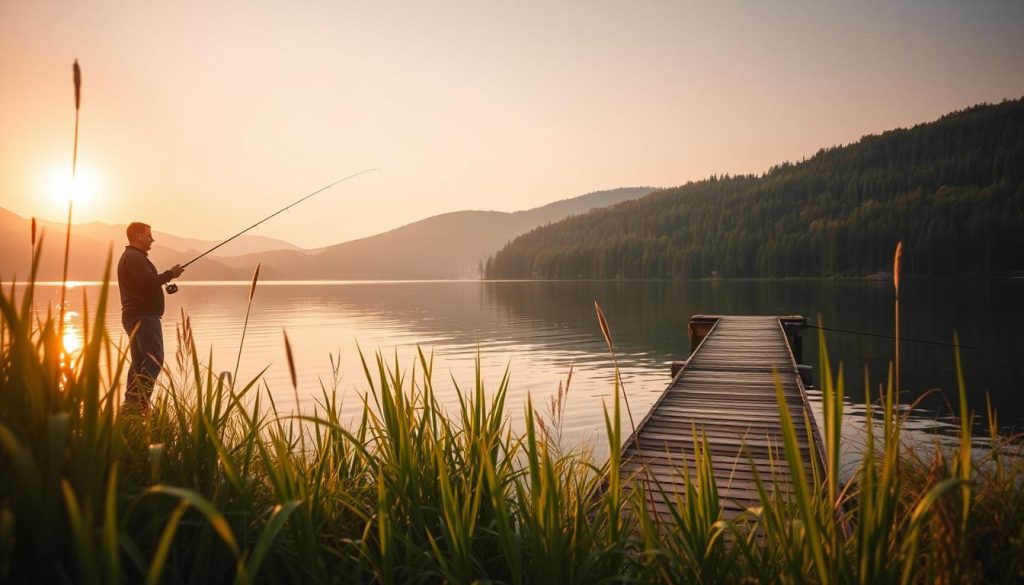 A serene lakeside landscape in Ukraine, with a fisherman silhouetted against the golden sunset, casting his line into the still, reflective waters. The foreground features lush, verdant reeds and tall grasses swaying gently in a soft breeze. In the middle ground, a picturesque wooden dock extends into the lake, inviting exploration. The background showcases rolling hills and dense, evergreen forests, creating a sense of tranquility and natural abundance. The lighting is warm and diffused, creating a nostalgic, cinematic atmosphere. Captured with a wide-angle lens to emphasize the expansive scenery, this image conveys the quintessential beauty and tranquility of the best fishing spots in Ukraine.