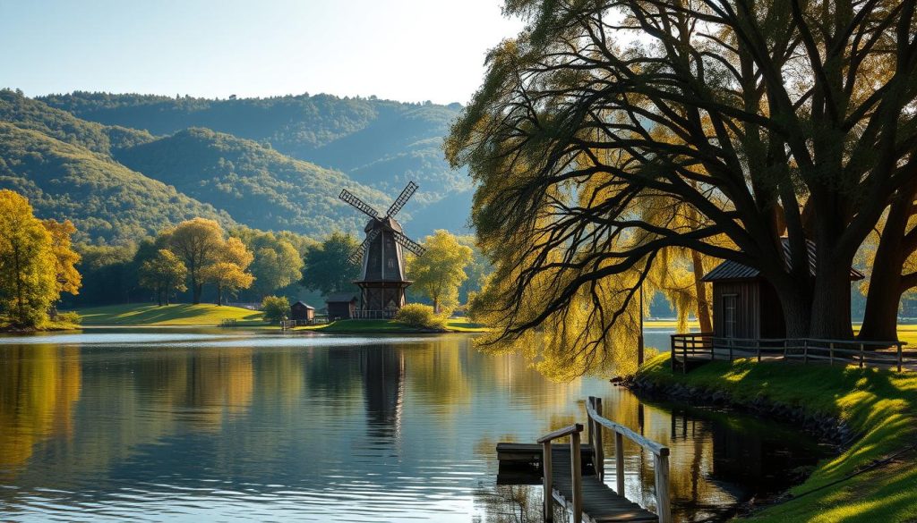 A serene lakeside landscape nestled in the Kyiv region, the "Oshytky" Liman: its tranquil waters reflecting the surrounding verdant hills, framed by towering oak trees swaying in a gentle breeze. In the distance, a historic wooden windmill stands as a testament to the region's agricultural heritage. The scene is bathed in warm, golden sunlight, casting soft shadows across the idyllic scene. A sense of timelessness pervades, hinting at the centuries-old history of this picturesque natural wonder. The viewer is transported to a place of quiet contemplation, immersed in the natural beauty and rich cultural legacy of the "Oshytky" Liman.