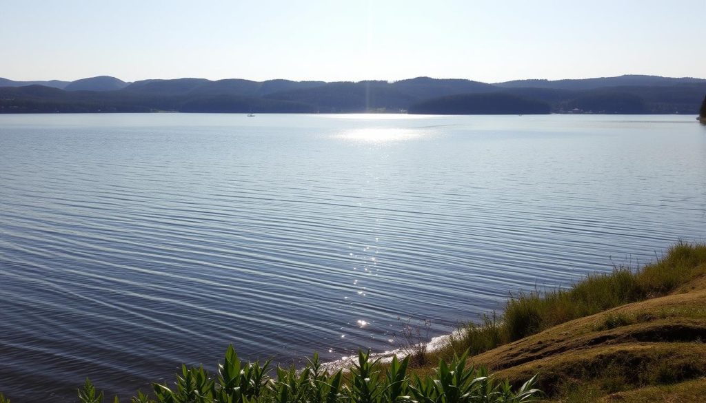 A serene lakeside landscape, the tranquil waters of Lake Mikhailyna reflecting the surrounding geography. In the foreground, lush shoreline vegetation and gently sloping banks. The middle ground features the expanse of the lake, its surface shimmering under natural lighting. In the distance, rolling hills and forests frame the scene, creating a sense of depth and scale. The overall composition conveys the picturesque and idyllic nature of this geographical feature, perfectly suited to illustrate the characteristics of this body of water.