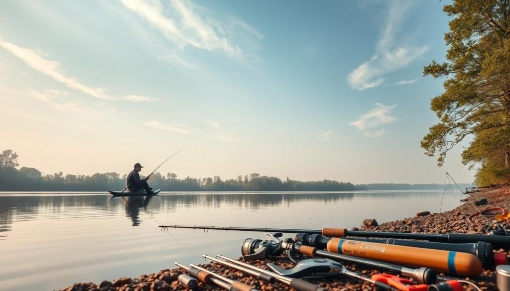 A serene lakeside landscape with a lone fisherman sitting on the shore, his fishing rod gently resting in the water. The sky is a soft, hazy blue, with wispy clouds drifting overhead. The water reflects the surrounding trees and the fisherman's contemplative expression. Beams of warm, golden light filter through the foliage, creating a sense of tranquility and mindfulness. In the foreground, various fishing equipment and tackle lie neatly arranged, symbolizing the therapeutic process of the activity. The overall scene conveys a harmonious balance between man and nature, highlighting the restorative properties of the fishing experience.