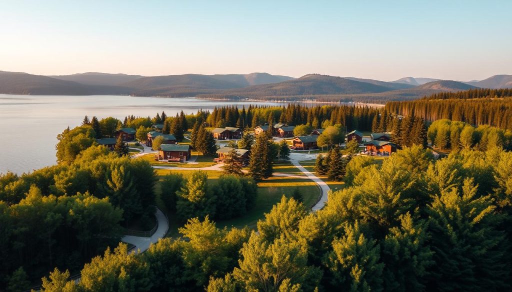A serene lakeside landscape, with a well-developed infrastructure surrounding the tranquil waters of Lake Svityaz. In the foreground, a network of paved pathways and boardwalks wind through lush, verdant foliage, inviting visitors to explore the natural beauty. The middle ground features a cluster of tastefully designed wooden cabins and holiday homes, their rustic charm blending seamlessly with the wooded environment. In the background, rolling hills and dense forests frame the scene, creating a sense of seclusion and privacy. Warm, diffused lighting casts a golden glow over the entire composition, accentuating the peaceful atmosphere. The overall impression is one of a carefully curated outdoor retreat, where nature and modern amenities coexist in harmony.