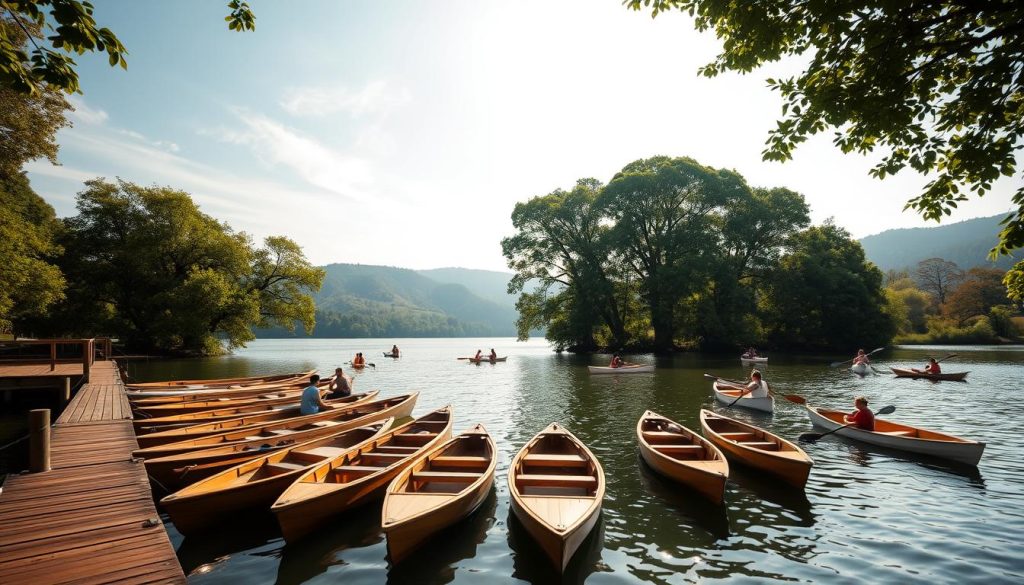 A serene lakeside retreat with a fleet of wooden rowboats and kayaks docked at a picturesque wooden pier. Lush green trees and rolling hills frame the scene, casting gentle shadows across the calm waters. The sky is a soft, hazy blue, with wispy clouds drifting overhead. Sunlight filters through the foliage, creating a warm, inviting atmosphere. Visitors can be seen leisurely rowing or paddling, enjoying the tranquility of the setting. The overall scene conveys a sense of peaceful escapism and the joy of experiencing nature's beauty from the vantage point of the water.