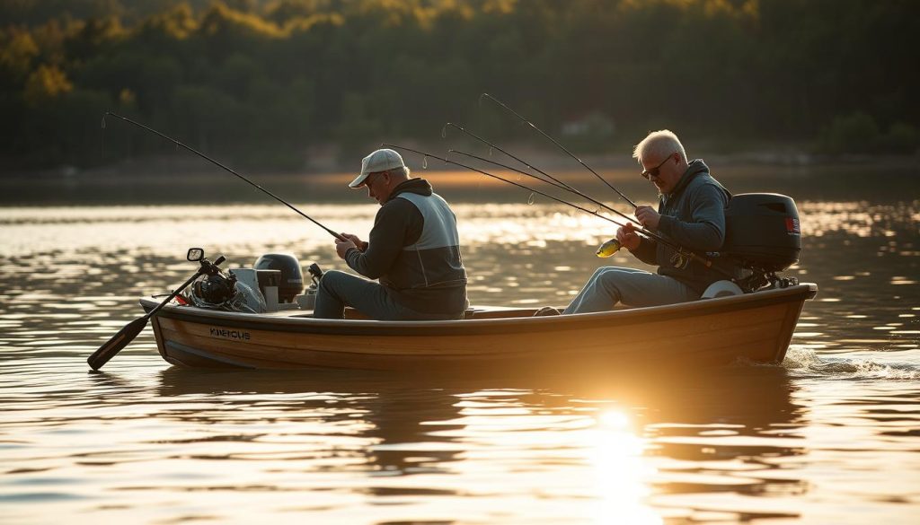 A serene lakeside scene, a wooden boat gently rocking in the calm waters. Anglers carefully preparing their gear - untangling lines, checking lures, and securing their rods in the boat's holders. The morning sun casts a warm, golden glow, illuminating the tranquil atmosphere. In the background, a lush, forested shoreline reflects in the mirror-like surface of the lake. The anglers' faces are filled with a sense of anticipation, ready to embark on their fishing adventure. A picturesque moment of pre-expedition preparation, capturing the essence of lakeside fishing.