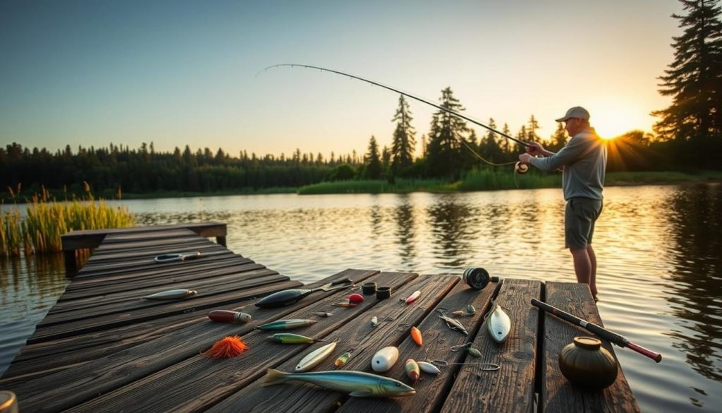 A serene lakeside scene at golden hour, with a weathered wooden dock stretching into the still waters. In the foreground, an experienced angler skillfully casts a line, their technique honed by years of practice. The middle ground reveals a variety of lures, baits, and fishing tools neatly arranged, each with a purpose for enticing the elusive catch. The background showcases the lush, verdant shoreline, dotted with tall reeds and towering pine trees, creating a sense of tranquility and connection with nature. Soft, warm lighting illuminates the entire tableau, evoking a mood of peaceful contemplation and the secret joys of a successful day's fishing.