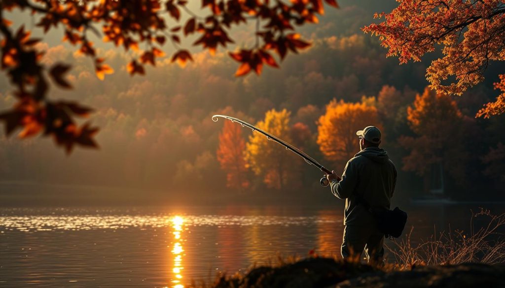 A serene lakeside scene at the onset of autumn. In the foreground, a fisherman casts his line, his silhouette framed against the warm glow of the setting sun. The middle ground reveals the glassy surface of the lake, reflecting the rich, vibrant hues of the surrounding foliage. In the background, a dense forest stretches out, its leaves transitioning from green to vibrant reds and golds. The atmosphere is one of tranquility and anticipation, as the angler waits patiently for the perfect catch. Soft, diffused lighting bathes the entire scene, creating a sense of timelessness and the fleeting nature of the season. A wide-angle lens captures the serene landscape, inviting the viewer to immerse themselves in the rhythm of nature and the joys of seasonal fishing.