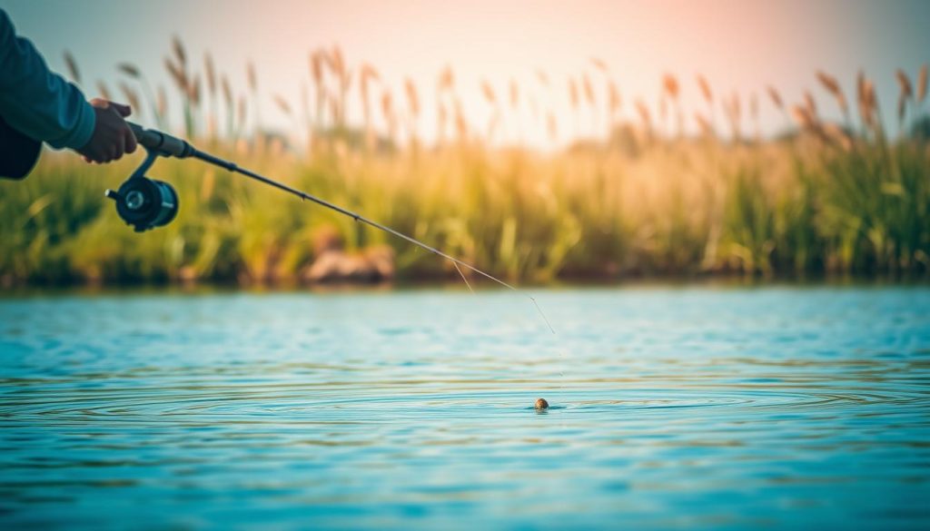 A serene lakeside scene capturing the essence of feeder fishing. In the foreground, a skilled angler meticulously casts their line, bait gently landing on the calm, glassy surface. Surrounding them, the tranquil backdrop of a lush, verdant shoreline, dotted with tall reeds swaying in a gentle breeze. Soft, diffused natural lighting illuminates the scene, casting a warm, golden glow. The composition is balanced, focusing the viewer's attention on the intricate process of feeder fishing, with the broader landscape providing a sense of place and atmosphere. The overall mood is one of peaceful contemplation, inviting the viewer to immerse themselves in the simple, meditative act of this specialized technique.