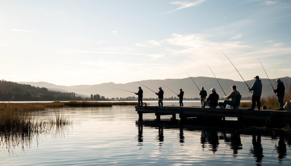 A serene lakeside scene during the fishing season. In the foreground, a group of anglers cast their lines into the calm waters, their silhouettes reflected on the glassy surface. The middle ground features a weathered wooden dock stretching out into the lake, surrounded by lush vegetation. In the background, rolling hills and a clear sky with wispy clouds create a picturesque landscape. Soft, warm lighting illuminates the scene, evoking a sense of tranquility and the leisurely pace of a seasonal fishing tour.