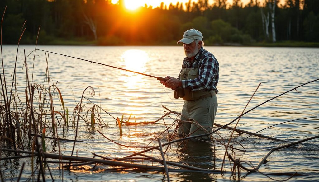 A serene lakeside scene in the golden hour, with a weathered fisherman standing waist-deep in the shimmering waters, his line tangled in a tangle of reeds and fallen branches. The setting sun casts a warm, soft glow over the tranquil scene, highlighting the fisherman's look of exasperation as he navigates the unexpected obstacles in his pursuit of the elusive catch. The background features a lush, verdant shoreline, with tall pines and birch trees framing the frame, creating a sense of peaceful isolation. Subtle hints of the fisherman's mistakes - a miscast line, a poorly set hook, a misjudged strike - are woven into the composition, serving as a cautionary tale for anglers of all skill levels.