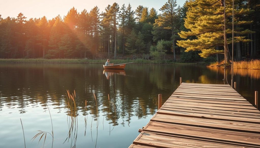 A serene lakeside scene in the heart of Poltava region, Ukraine. In the foreground, a weathered wooden dock stretches out over the still, glassy waters, inviting fishermen to cast their lines. Gently swaying reeds line the shoreline, their reflections mirrored in the tranquil surface. In the middle ground, a small wooden boat rests, its occupant patiently waiting for a bite. Towering pine trees border the lake, their verdant foliage casting dappled shadows across the scene. Rays of warm, golden sunlight filter through the canopy, illuminating the peaceful atmosphere. The overall mood is one of tranquility and the promise of a bountiful catch, capturing the essence of fishing in the Poltava region.