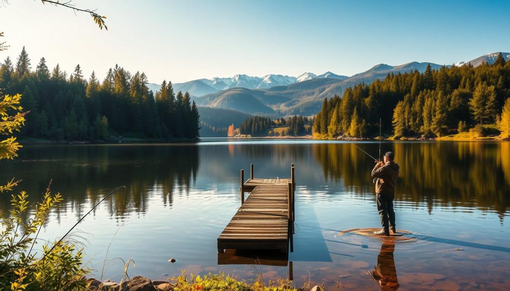 A serene lakeside scene in the heart of Ukraine, with lush green forests lining the banks and a calm, mirror-like surface reflecting the surrounding natural beauty. In the foreground, a skilled angler casts their line, patiently waiting for the telltale tug of a trophy fish. The warm, golden sunlight filters through the trees, casting a peaceful glow over the entire tableau. In the middle ground, a small wooden dock extends into the water, inviting adventurous anglers to venture out and explore the hidden depths. In the distance, rolling hills and snow-capped peaks rise up, providing a breathtaking backdrop to this idyllic fishing paradise. The entire scene exudes a sense of tranquility and connection with the natural world, perfectly capturing the essence of the best fishing spots in Ukraine.