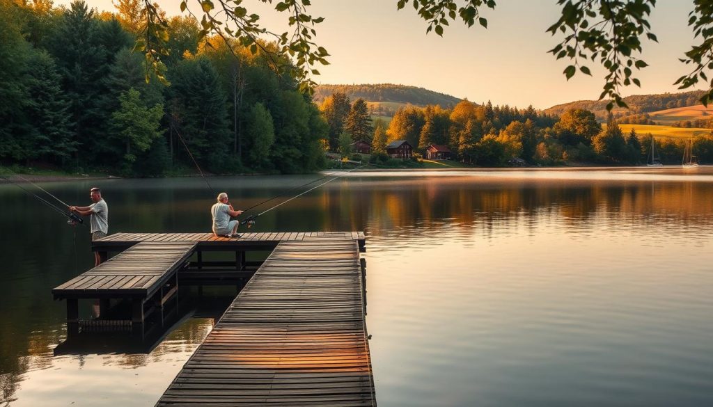 A serene lakeside scene in the Kyiv region, Ukraine. A quaint wooden jetty extends into a calm, mirror-like lake surrounded by lush, verdant foliage. Anglers are positioned along the jetty, their fishing lines casting out across the still water. Warm, diffused sunlight filters through the trees, creating a soothing, golden ambiance. In the distance, rolling hills dotted with charming cottages and small boats dot the horizon. The atmosphere is one of tranquility and the simple pleasures of a perfect day's fishing.