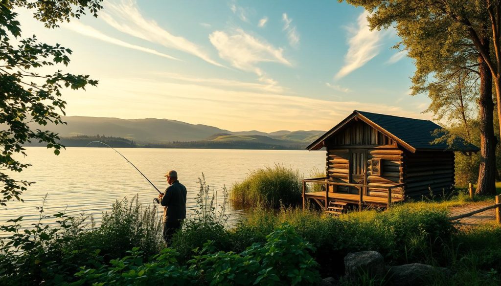 A serene lakeside scene in the Kyiv region, Ukraine. The foreground depicts a fisherman casting his line into the calm, glimmering waters, surrounded by lush, verdant foliage. The middle ground showcases a traditional wooden fishing hut nestled among the trees, its weathered facade blending seamlessly with the natural landscape. In the background, rolling hills and a picturesque landscape unfold, bathed in warm, golden sunlight filtering through wispy clouds. The overall atmosphere conveys a sense of tranquility and the timeless allure of the Ukrainian countryside, perfectly capturing the essence of fishing in the Kyiv region.