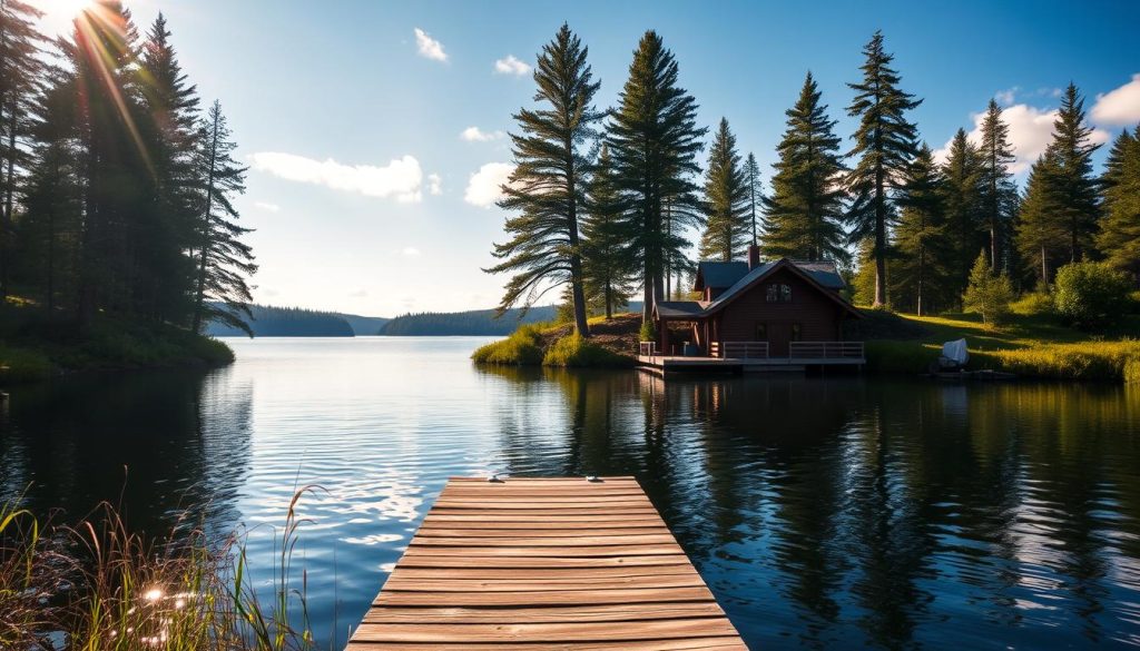 A serene lakeside scene with a cozy log cabin nestled among towering pines. Sunlight filters through the foliage, casting a warm glow over the tranquil waters. In the foreground, a wooden dock extends into the still lake, inviting visitors to cast their lines and enjoy the peaceful solitude. Wispy clouds drift overhead, and the surrounding landscape is lush with verdant vegetation. The atmosphere is one of relaxation and immersion in nature, perfectly capturing the essence of a rejuvenating getaway.