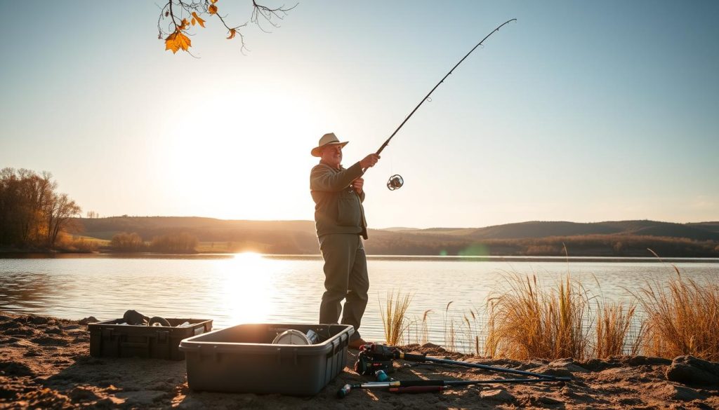 A serene lakeside scene, with a fisherman casting his line into the still waters. The sun's golden rays illuminate the surrounding trees and reflect off the calm surface, creating a warm and inviting atmosphere. In the foreground, a well-stocked tackle box and an assortment of fishing gear lie ready for use. The fisherman, clad in weathered but practical attire, stands with a focused expression, his body poised for the anticipated strike. In the distance, a picturesque landscape unfolds, with rolling hills and a cloudless sky providing the perfect backdrop for this tranquil fishing expedition.