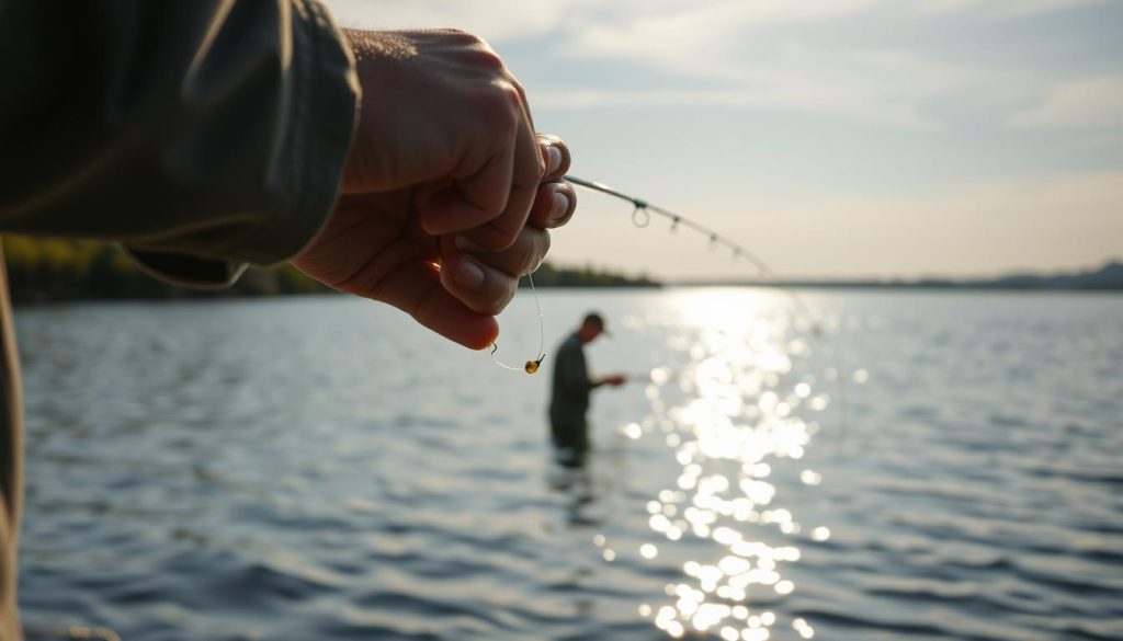 A serene lakeside scene, with a fisherman expertly casting his line into the tranquil waters. The foreground features a close-up of the fisherman's hands deftly manipulating the technoplankton-baited hook, highlighting the delicate technique required. In the middle ground, the fisherman's silhouette is framed against the rippling surface, anticipating the telltale strike of a hefty carp. The background showcases the lush, verdant banks and the vast, expansive sky, evoking a sense of peaceful solitude. The lighting is soft and natural, casting a warm, golden glow across the scene, while the camera angle is slightly elevated, providing an unobstructed view of the tranquil tableau.