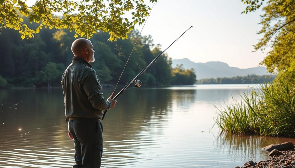 A serene lakeside scene, with a fisherman standing on the shore, rod in hand, gazing out over the calm, reflective waters. Dappled sunlight filters through the lush, verdant foliage surrounding the lake, casting a warm, natural glow. The fisherman's posture is relaxed, his expression one of tranquility, reflecting the peaceful ambiance of the setting. In the background, distant hills rise, their silhouettes hazy under the soft, diffused lighting. The overall atmosphere evokes a sense of harmony and well-being, capturing the restorative power of the fishing experience and its positive impact on the fisherman's health and wellbeing.