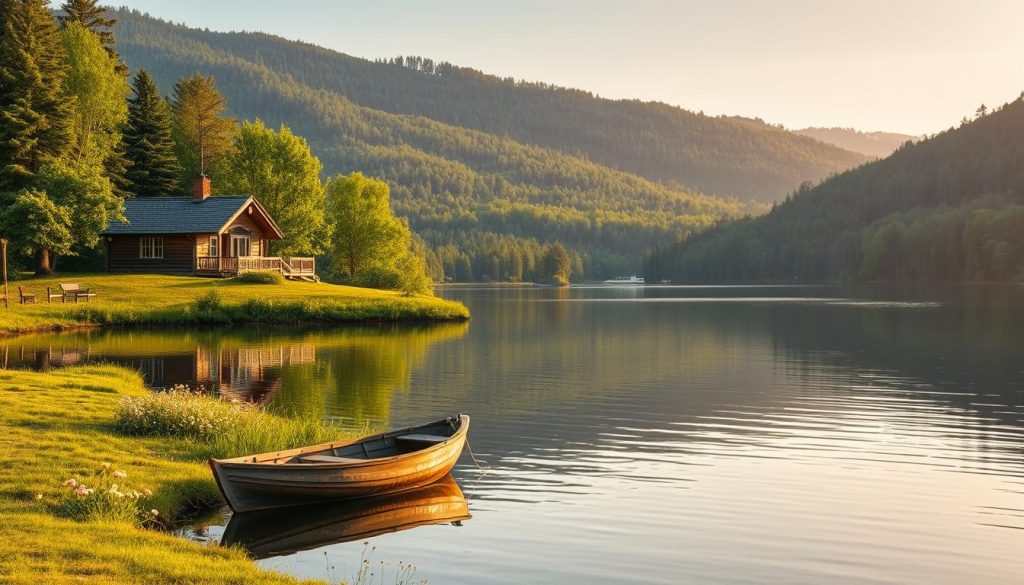 A serene lakeside scene with a rustic wooden cabin nestled among lush greenery. In the foreground, a small row boat floats peacefully on the calm, mirror-like waters, suggesting opportunities for leisurely fishing. The middle ground features a grassy shore dotted with wildflowers, inviting visitors to explore the natural surroundings. In the background, rolling hills covered in dense forest create a picturesque, tranquil landscape, illuminated by soft, warm lighting that casts a golden glow over the entire scene. The overall atmosphere conveys the economic potential of natural recreation, highlighting the beauty and tranquility of the environment.