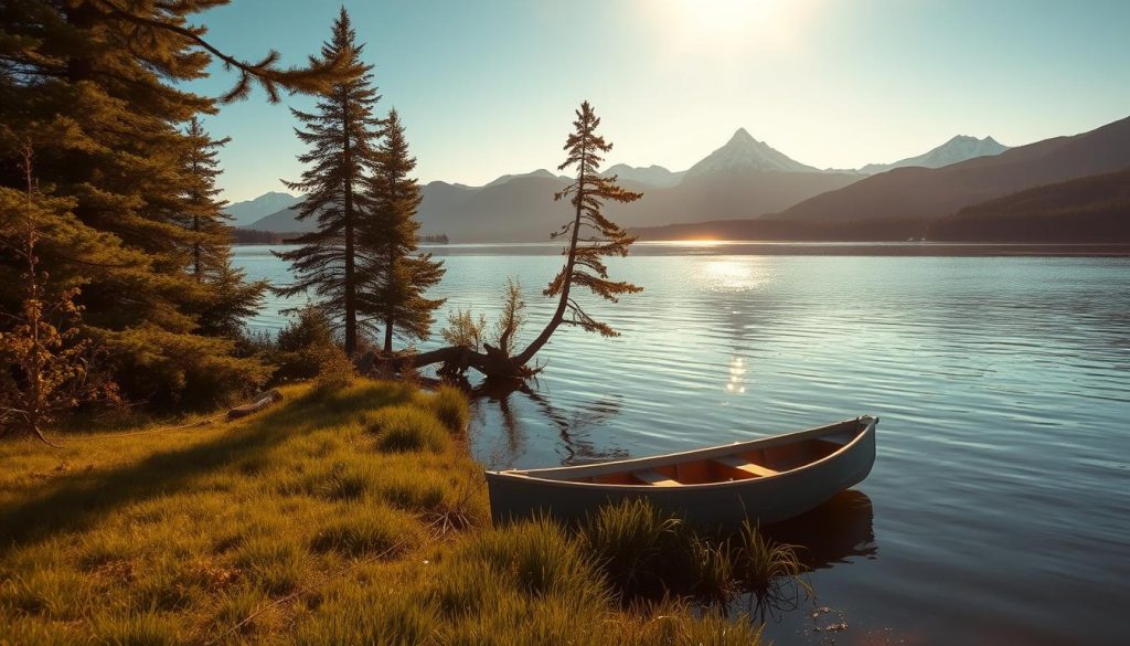 A serene lakeside scene with a small wooden boat drifting peacefully on the calm, glistening waters. The boat is moored near a grassy shore, surrounded by lush green foliage and towering pine trees. Warm, golden sunlight filters through the branches, casting a soft, natural glow over the entire composition. In the distance, majestic mountains rise up, their snow-capped peaks cutting a dramatic silhouette against the azure sky. The atmosphere evokes a sense of tranquility and the perfect setting for a relaxing fishing trip.