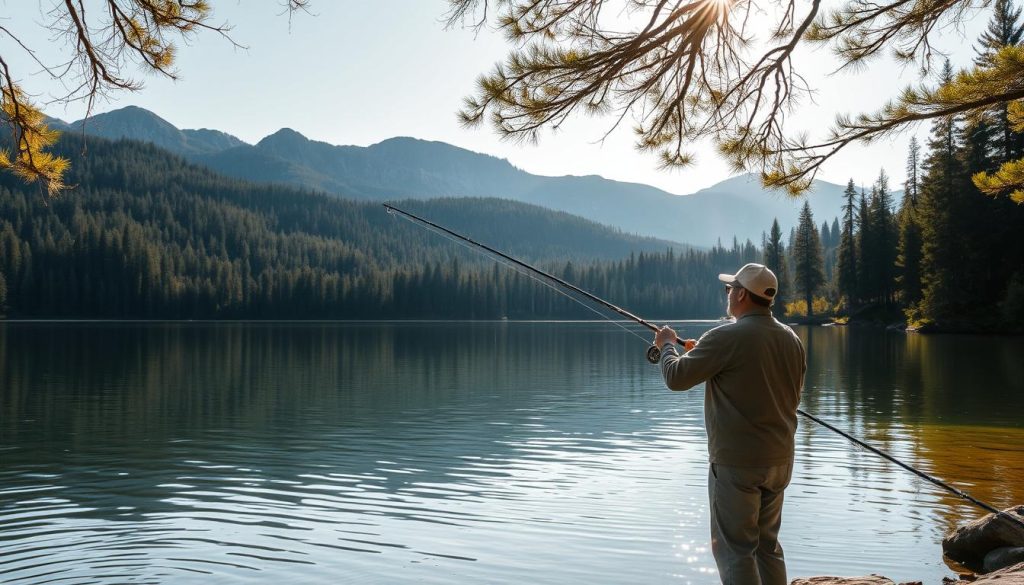 A serene lakeside scene, with a tranquil body of water reflecting the surrounding forest and mountains. In the foreground, a fisherman casts his line, his patience and focus evident in his posture. Dappled sunlight filters through the trees, casting a warm, golden glow over the entire tableau. The water's surface is dotted with gentle ripples, hinting at the presence of fish below. In the distance, the silhouettes of pine trees and rugged peaks frame the idyllic landscape. An atmosphere of peaceful solitude and the joys of connecting with nature pervades the scene.