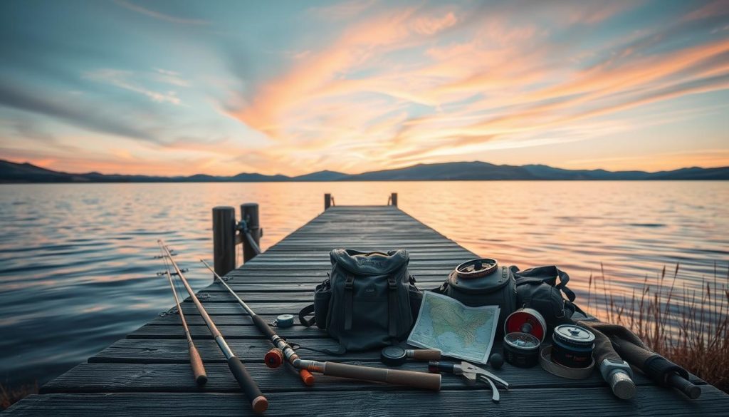 A serene lakeside scene, with a weathered wooden dock extending into calm waters. In the foreground, fishing rods, tackle boxes, and other essential angling gear are neatly arranged, hinting at the preparations underway. The middle ground features a well-stocked backpack, a map, and a compass, signifying the planning and organization required for a successful fishing trip. In the background, rolling hills and a vibrant sunset sky create a picturesque landscape, setting the mood for an immersive outdoor adventure. Soft, natural lighting illuminates the scene, capturing the tranquility and anticipation of the upcoming expedition.