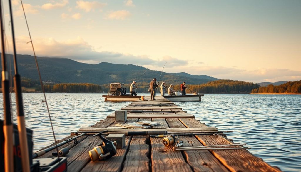 A serene lakeside scene with a weathered wooden dock stretching into calm, reflective waters. In the foreground, fishing rods, tackle boxes, and other angling equipment are neatly arranged, hinting at the popular questions anglers might have. The middle ground showcases a group of people engaged in various fishing activities, each with a contemplative expression, representing the diverse interests and queries of the fishing community. In the background, a picturesque landscape of rolling hills, forests, and a softly clouded sky creates a peaceful, inspirational atmosphere. Warm, golden lighting gently illuminates the scene, evoking a sense of tranquility and wonder.