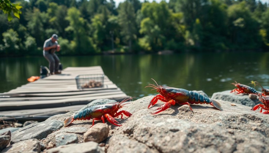 A serene lakeside scene, with a wooden dock stretching out into the still water. In the foreground, a fisherman carefully sets his trap, baiting it with fresh bait. The mid-ground showcases a group of crayfish, their red and blue hues contrasting against the earthy tones of the rocks and plants. In the distance, a lush forest backdrop sets the mood, with dappled sunlight filtering through the trees. The composition is balanced, with attention to detail in the textures and shapes. The overall atmosphere evokes a sense of tranquility and the thrill of the catch.