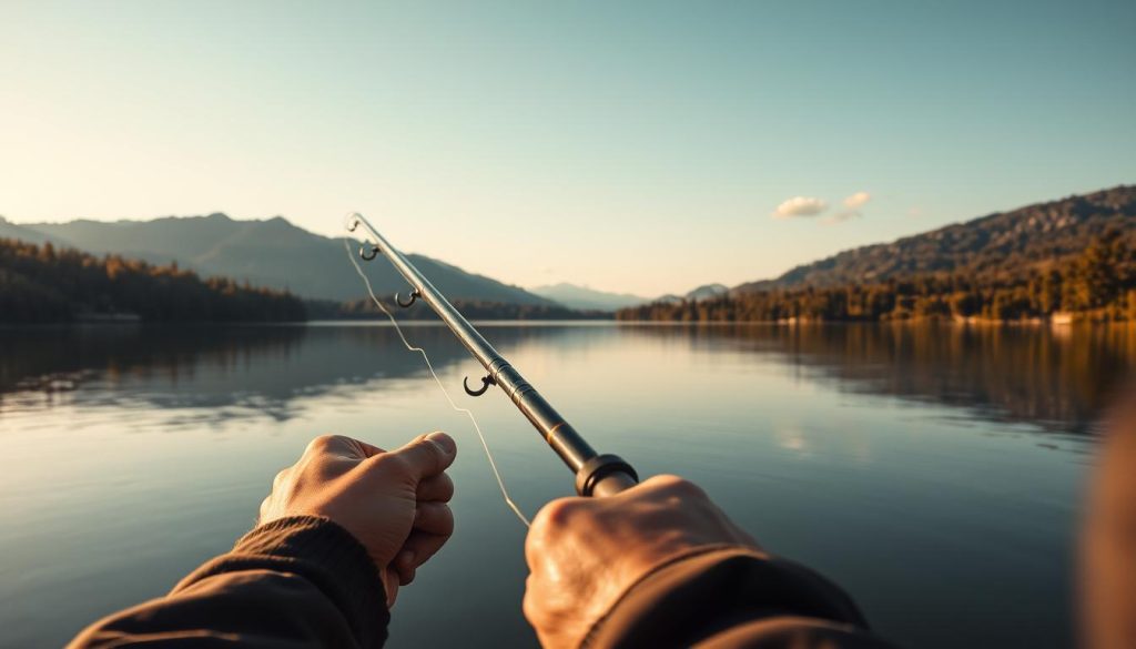 A serene lakeside scene, with an experienced angler casting their line into the still waters. The foreground features the weathered hands and well-worn fishing gear of the fisherman, conveying a sense of expertise and dedication. The middle ground showcases the tranquil lake, its surface reflecting the surrounding lush vegetation and cloudless sky. In the background, a line of mountains rises, adding depth and a sense of timelessness to the landscape. The lighting is soft and warm, creating a peaceful, contemplative atmosphere, inviting the viewer to immerse themselves in the art of angling.